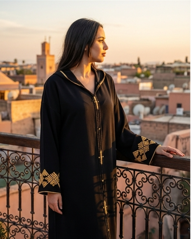 جلابة مغربية عصرية سوداء برشمان ذهبي — Djellaba marocaine noire broderie dorée Zahi Mode