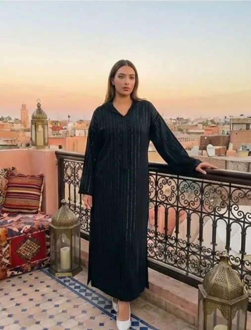 Djellaba Marocaine Noire Maâlem Broderie Zahi Mode