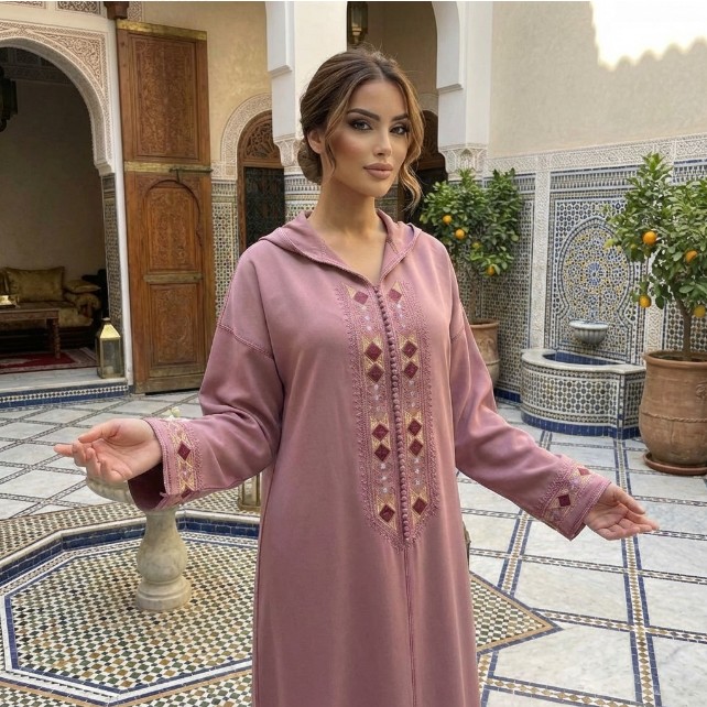 جلابة مغربية وردية موف المعلم الطرز — Djellaba marocaine mauve Maâlem broderie Zahi Mode