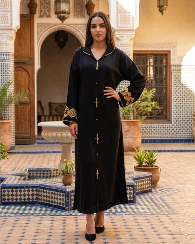 جلابة مغربية عصرية سوداء طرز حاسوب ذهبي — Djellaba marocaine broderie ordinateur dorée Zahi Mode