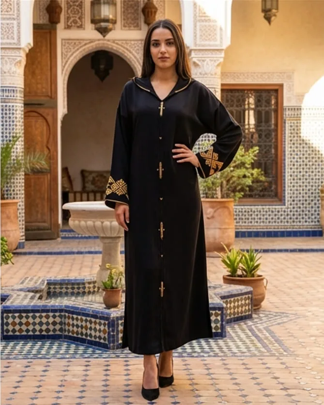 Djellaba Marocaine Noire Broderie Machine Zahi Mode