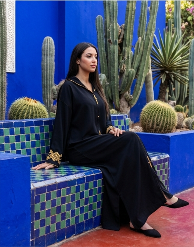 جلابة مغربية سوداء فاخرة كريب طرز ذهبي — Djellaba marocaine luxe crêpe broderie or Zahi Mode Casablanca