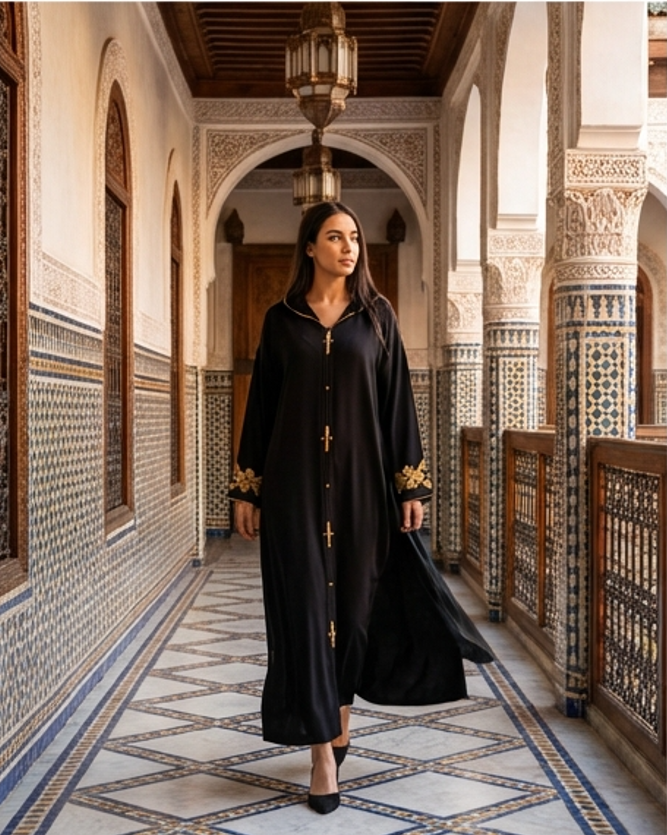 جلابة مغربية عصرية سوداء برشمان وطرز بالحاسوب — Djellaba marocaine noire barchman broderie ordinateur or