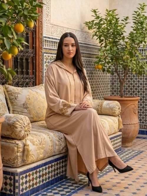 جلابة مغربية عصرية بيج برشمان ذهبي — Djellaba marocaine beige barchman broderie dorée Zahi Mode