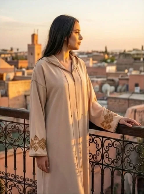Djellaba Marocaine Beige Broderie Or Crêpe Zahi Mode