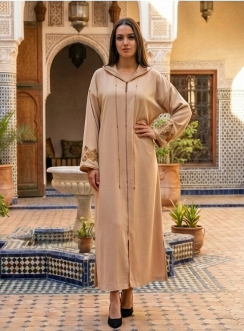 جلابة مغربية بيج فاخرة أصيلة مناسبات — Djellaba marocaine beige luxe occasions fêtes Zahi Mode