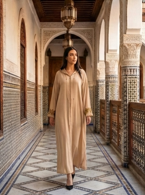 جلابة مغربية عصرية بيج برشمان أعياد — Djellaba marocaine contemporaine beige barchman fêtes Zahi Mode