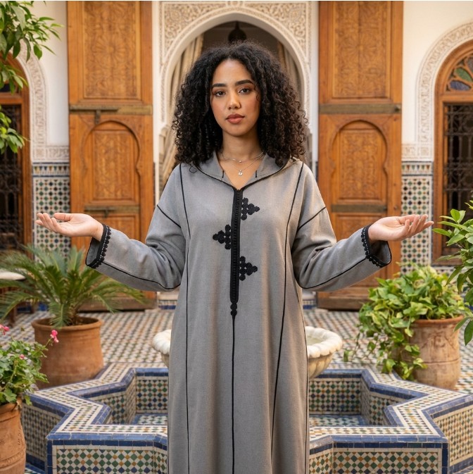 جلابة مغربية رمادية زواق المعلم — Djellaba marocaine grise Maâlem Zahi Mode