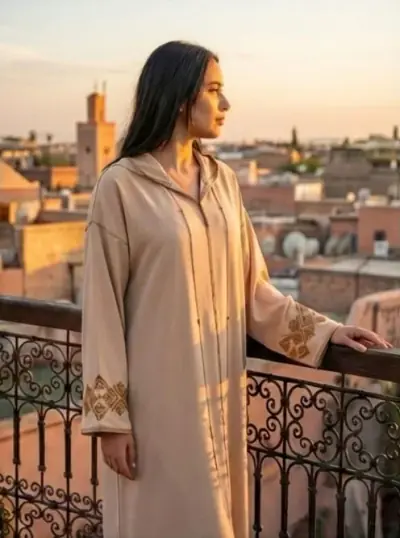 Djellaba Marocaine Beige Broderie Or Crêpe Zahi Mode